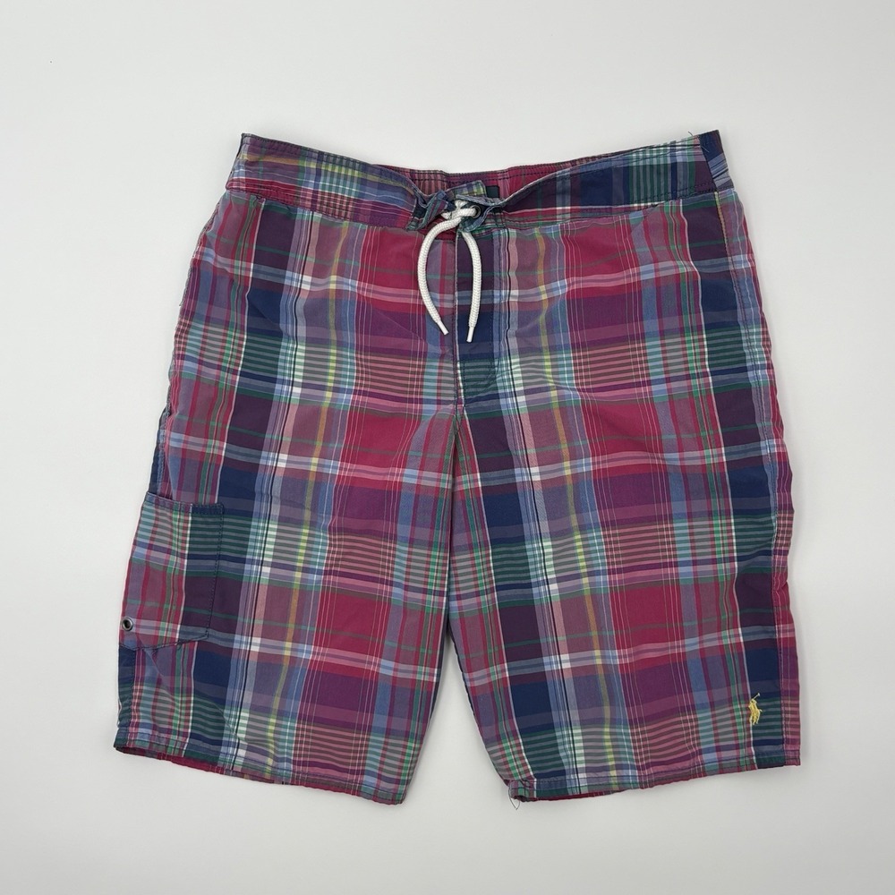 Polo‎ Ralph Lauren Boys XL 18-20 Swim Trunks Plaid Madras Mesh Lined Pony